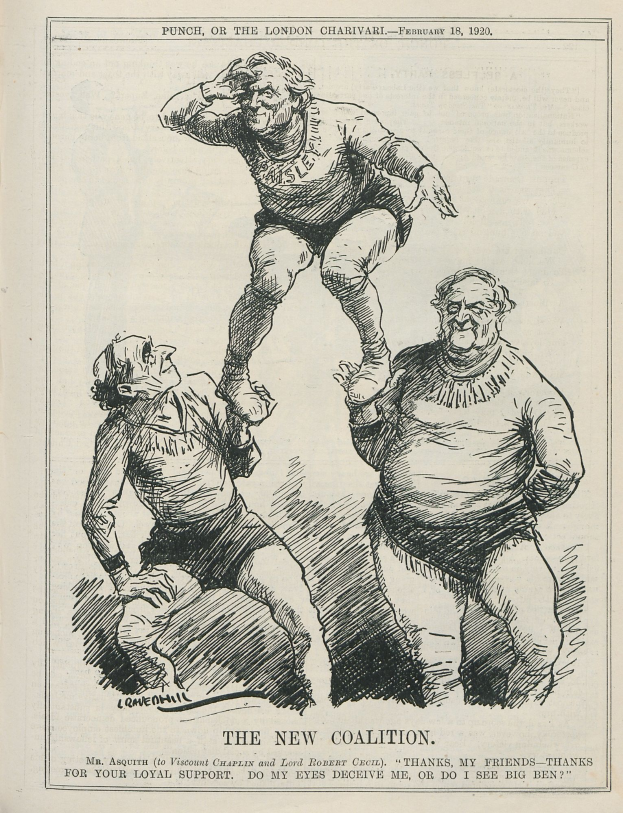 Ein Blatt mit einer Zeichnung von drei verzweifelten Menschen, einer in der Mitte mit ausgestreckten Armen und einem verzerrten Gesicht, und Text, der "Die neue Koalition - Faust, oder der Londoner Charivari - Februar 18, 1920" in fetter Schrift liest.