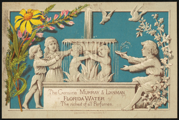 Kinder spielen in der Nähe eines Brunnens, umgeben von Pflanzen, Blumen und Vögeln, mit Text am unteren Bildrand.