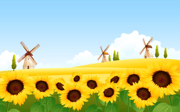 Eine animierte Abbildung, die einen Himmel mit Wolken oben, drei Windräder und einige Bäume in der Mitte sowie eine Gruppe von Pflanzen mit vielen Sonnenblumen unten zeigt.