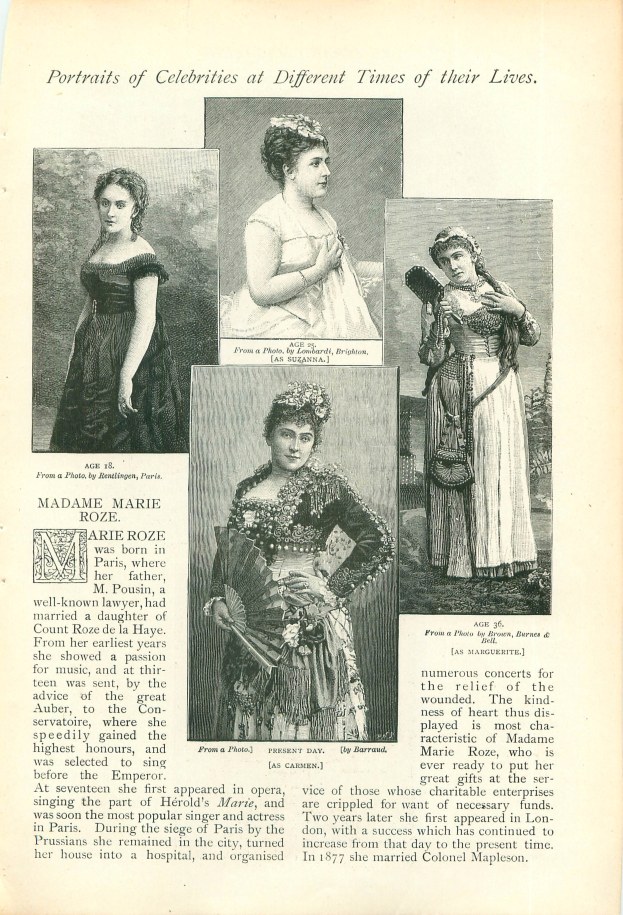 Ein altes Buchcover mit einer Frau in einem langen, wallenden Kleid mit hohem Kragen und langen Ärmeln, ihre Haare zu einem Dutt gebunden, mit der Aufschrift "Porträts von Prominenten zu verschiedenen Zeiten ihres Lebens".