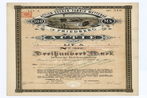 Altes deutsches Aktienzertifikat mit einer Gebäudeillustration und Text, der wahrscheinlich den aktiven Status angibt.