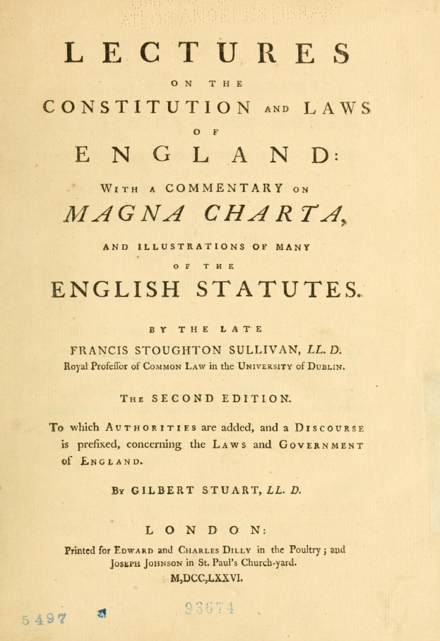 Altes Buch mit dem Titel "Lectures on the Constitution and Laws of England with a Commentary on Magna Charta and Illustrations of Many English Statutes" aufgeschlagen auf einer Seite mit schwarzer Tinte.