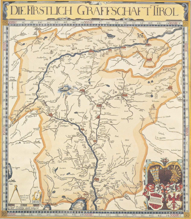 Ein detailliertes historisches Plakat der ersten Grafschaft Tirol-Karte, das geografische Merkmale wie Flüsse, Berge und Städte zeigt, begleitet von beschreibendem Text.