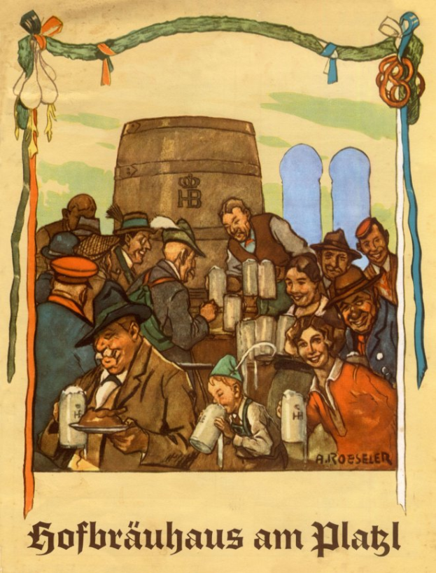 Ein Plakat wirbt für ein Bierfest in Deutschland, das eine Gruppe von Menschen zeigt, einige halten Biergläser, mit einem Fass im Hintergrund und deutschem Text unten.