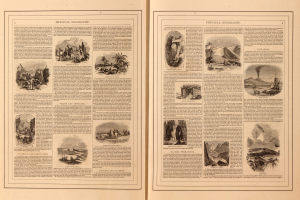 Offenes Buch mit Seiten, die Bilder von Landschaften wie Bergen, Flüssen und Wäldern sowie beschreibenden Text zeigen.