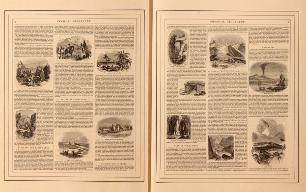 Offenes Buch mit Seiten, die Bilder von Landschaften wie Bergen, Flüssen und Wäldern sowie beschreibenden Text zeigen.