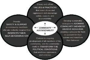 Ein Kreis mit "community accountability" in der Mitte, umgeben von drei sich überschneidenden Kreisen, die durch Pfeile verbunden sind, alles in fetter, leuchtender Schrift.