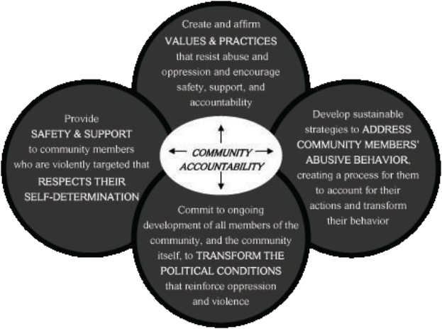 Ein Kreis mit "community accountability" in der Mitte, umgeben von drei sich überschneidenden Kreisen, die durch Pfeile verbunden sind, alles in fetter, leuchtender Schrift.