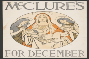 Eine Frau mit einem Baby auf dem Arm ist von anderen Menschen auf einem Plakat für McClures Dezember-Event umgeben, mit Text, der Informationen zum Event enthält.