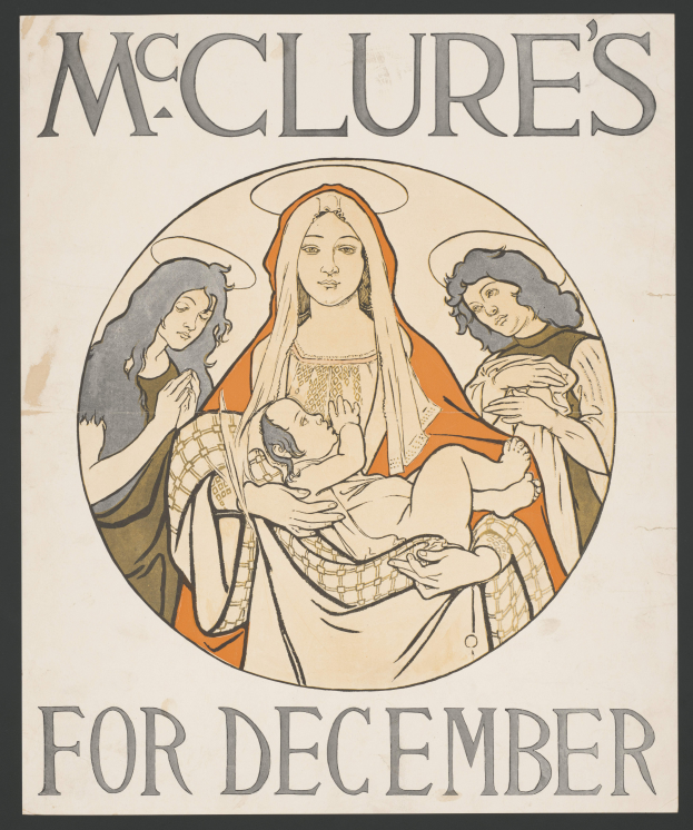 Eine Frau mit einem Baby auf dem Arm ist von anderen Menschen auf einem Plakat für McClures Dezember-Event umgeben, mit Text, der Informationen zum Event enthält.