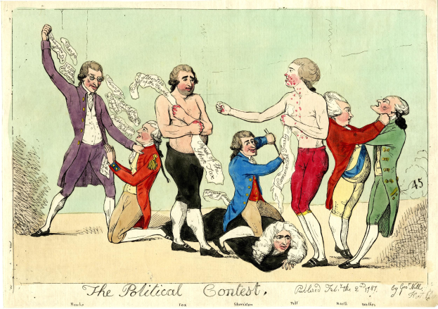 Politisches Karikatur titled "The Political Contest" showing a group of people in various colored dresses with one person lying on the ground in the center.