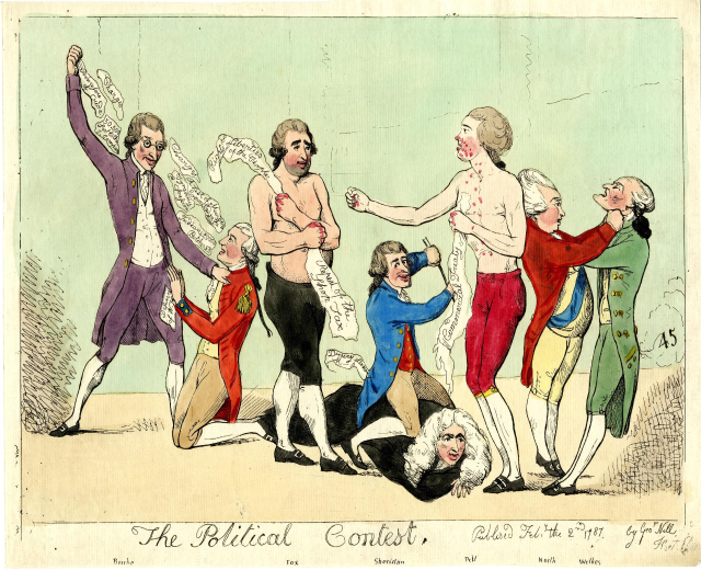 Politisches Karikatur titled "The Political Contest" showing a group of people in various colored dresses with one person lying on the ground in the center.