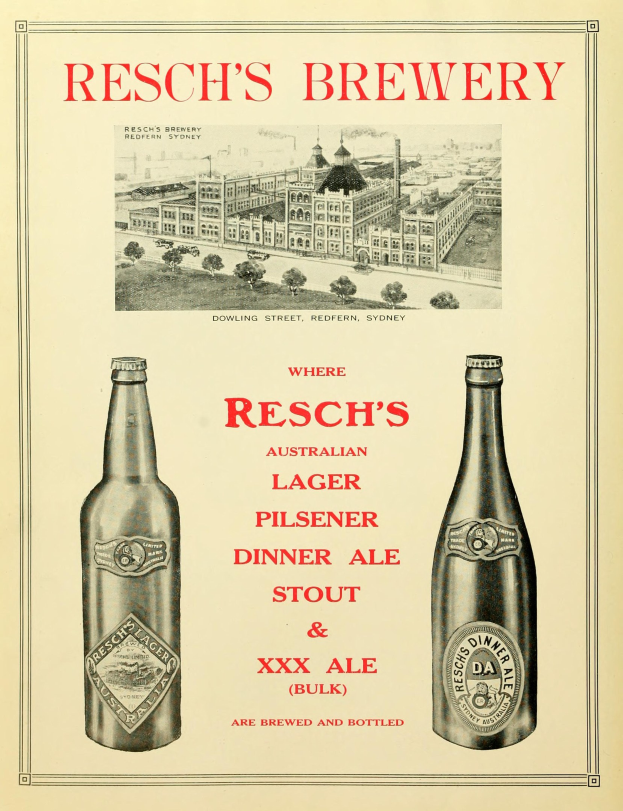 Anzeige für Resch's Brauerei mit zwei Bierflaschen im Hintergrund, Text lautet "Resch's Lager".