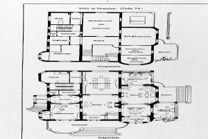 Ein Schwarz-Weiß-Entwurf eines Hauses mit mehreren Zimmern, das mit Details zur Zimmeranzahl und -größe beschriftet ist und als Villa in Dresden, Deutschland, identifiziert wird.