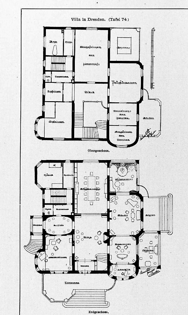 Ein Schwarz-Weiß-Entwurf eines Hauses mit mehreren Zimmern, das mit Details zur Zimmeranzahl und -größe beschriftet ist und als Villa in Dresden, Deutschland, identifiziert wird.