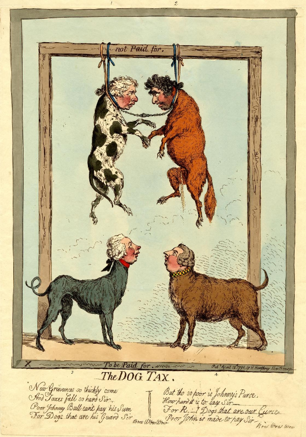 Cartoon-Illustration mit dem Titel "Die Hundesteuer", die einen Mann in einem Holzkäfig mit zwei Hunden davor zeigt, mit umrandetem Text darüber.