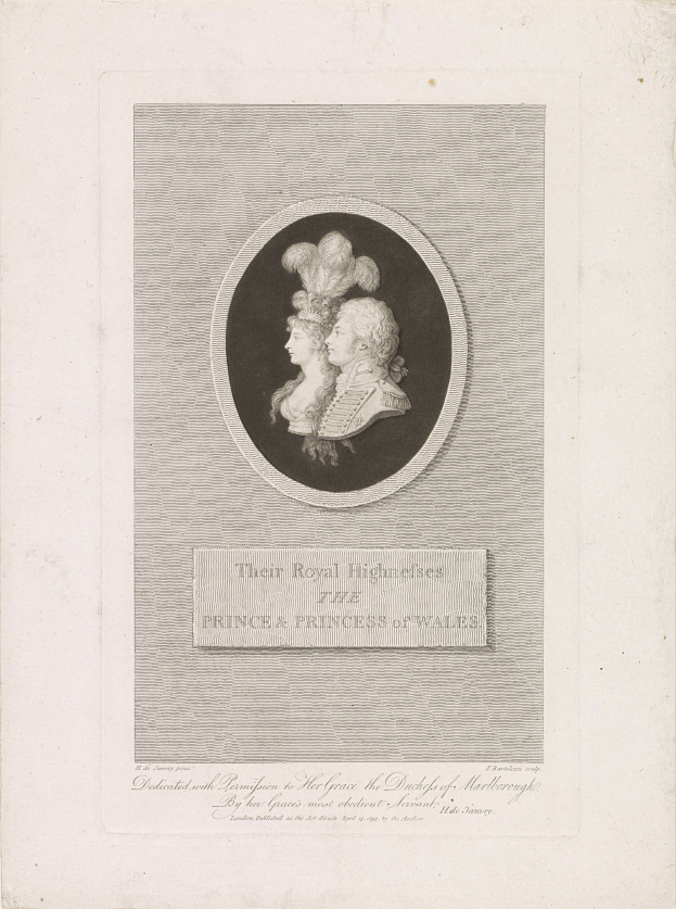 Eine Zeitung mit einem Bild des Prinzen und der Prinzessin von Wales neben etwas Text.