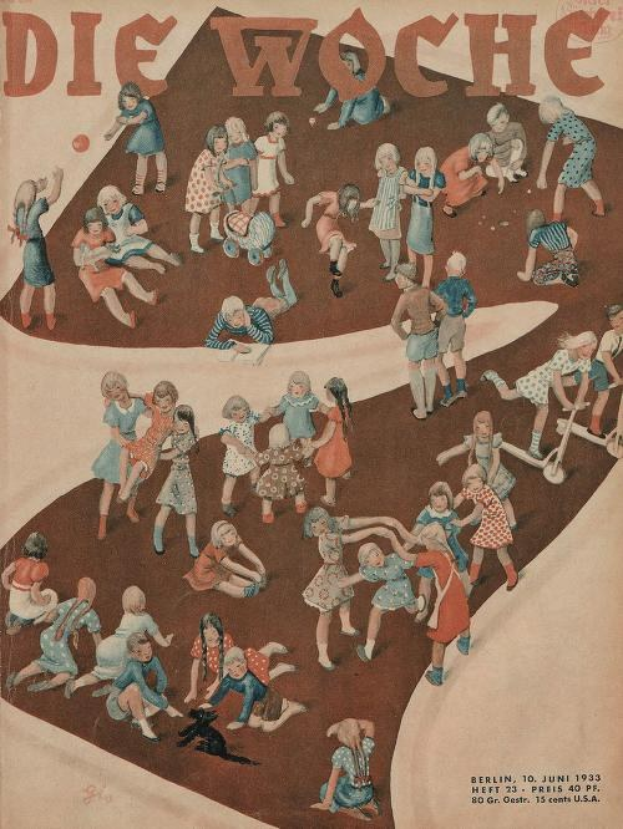 Deutsches Magazin-Cover aus Juni 1933 betitelt 'Die Woche', das Kinder beim Spielen in einem Kreis zeigt, mit leuchtenden Farben und strahlenden Gesichtern.