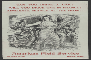 Ein Plakat mit schwarzem Hintergrund, das eine Frau und einen Mann zeigt, mit der Aufschrift "Kannst du ein Auto fahren? Wirst du eines in Frankreich fahren? Sofortdienst am vorderen Ende."