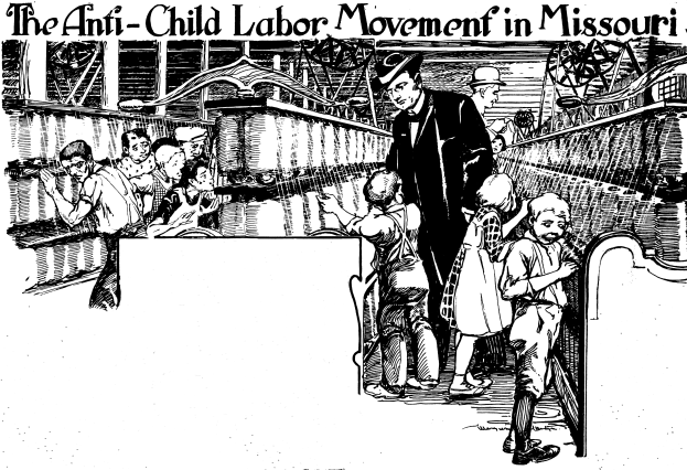 Ein Plakat zeigt die Anti-Kinderarbeit-Bewegung in Missouri mit einer Gruppe von Menschen in traditioneller Kleidung, einige stehen, einige sitzen, mit Gesichtern voller Sorge, Angst und Verzweiflung, mit der Aufschrift "Die Anti-Kinderarbeit-Bewegung in Missouri" oben und unten.