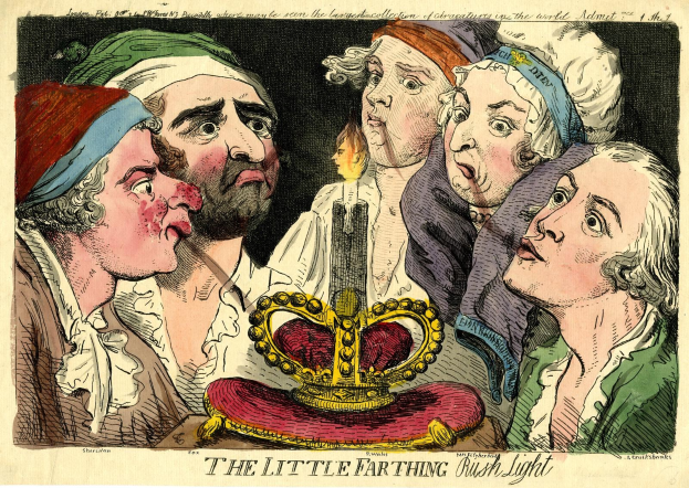 Plakat mit der Aufschrift "The Little Farting Rush Light" zeigt verstörte Gestalten unter einer Krone, die Dringlichkeit und Angst vermitteln.