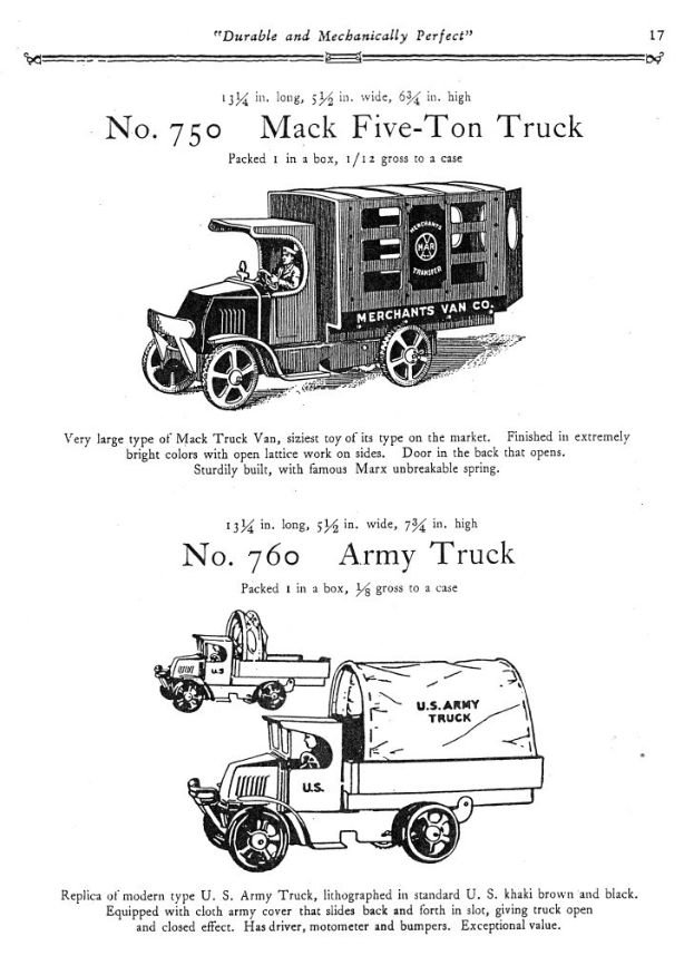 Werbung für einen Mack-Fünf-Tonnen-Lkw mit einer Zeichnung des Fahrzeugs mit einem großen rechteckigen Körper, einer flachen Ladefläche und einem prominenten Vorderrad, umgeben von fetter schwarzer Schrift, die "Mack Fünf-Tonnen-Lkw" lautet.