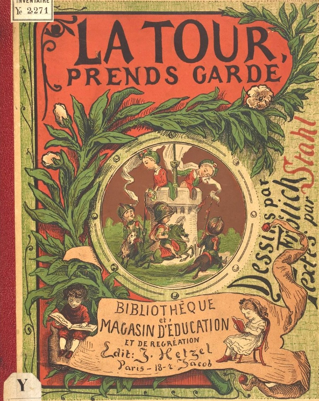 Buchumschlag mit Kindern, die in einem üppigen Garten mit grünen Blättern und bunten Blumen spielen, Titel "La Tour Prends Garde" sichtbar.