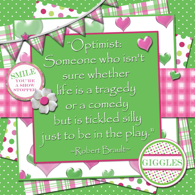 A poster with a quote by Robert Brault about optimism, framed by decorative flags and a flower.