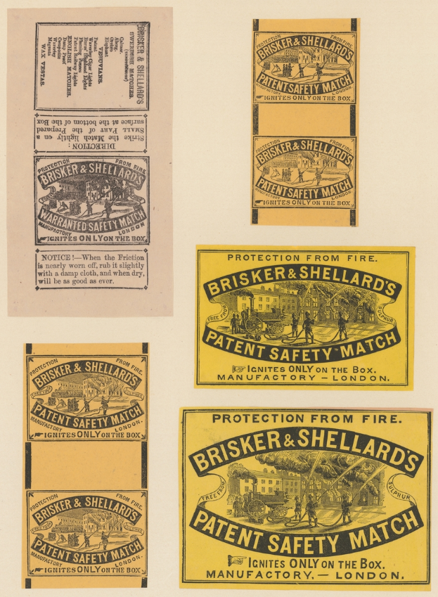 Ein Blatt Papier mit mehreren angehefteten Bögen, auf denen jeweils der Text "Brisker & Shellard's Patent Safety Match" steht.