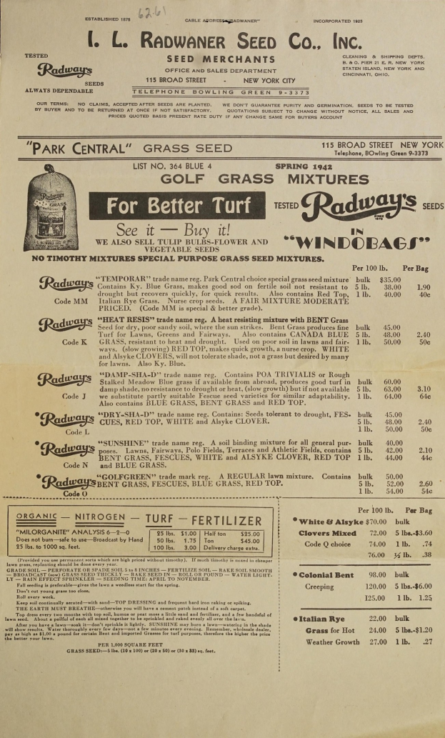 Anzeige für Radway's Seed Co. Inc. auf altem Papier mit Text über die Dienstleistungen des Unternehmens.