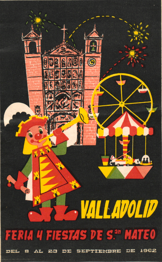 Ein buntes Karnevalsposter mit einem Gebäude, einem Riesenrad, einem Spielzeug und Text, das eine Karnevalsveranstaltung in Valladolid, Spanien, ankündigt.