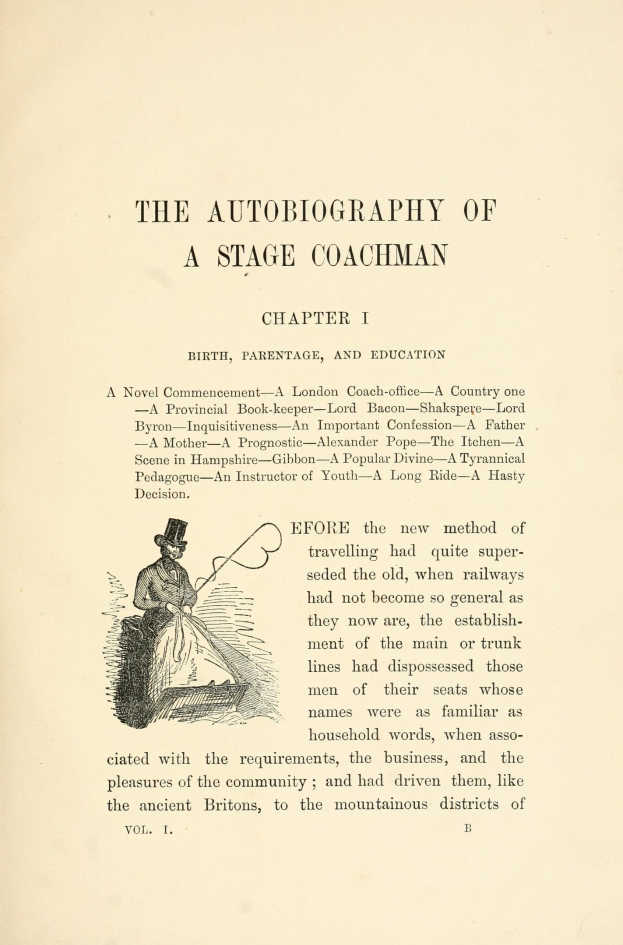 Offenes Buch mit dem Titel "Die Autobiografie eines Kutschers" mit einer Zeichnung eines strengen Kutschers in einem Anzug, Hut und mit Stab und Buch.