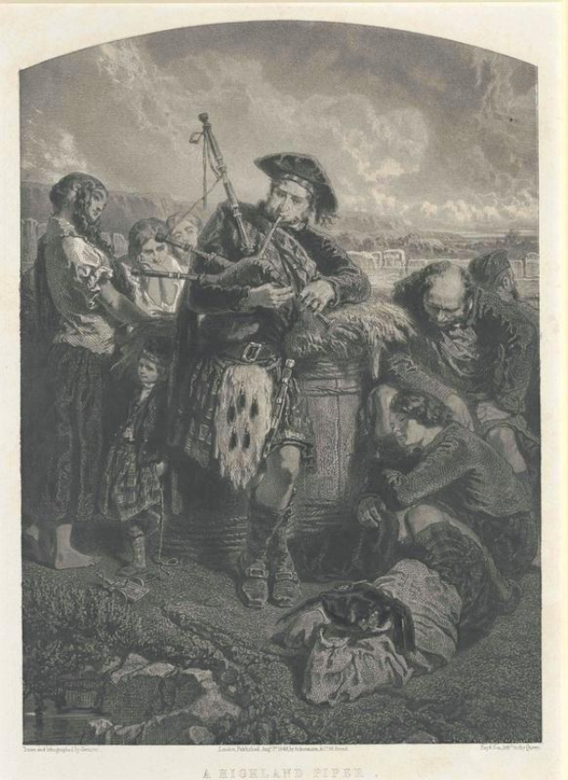 Schwarze und weiße Gravur eines Mannes, der vor einem Publikum eine Dudelsack spielt, unter einem bewölkten Himmel, mit der Inschrift "Ein Highland-Pfeifen" unten.