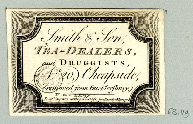 Papier mit gedrucktem Text, der "Smith & Son Tea Dealers, and Drugists, 20 Cheapside" liest.