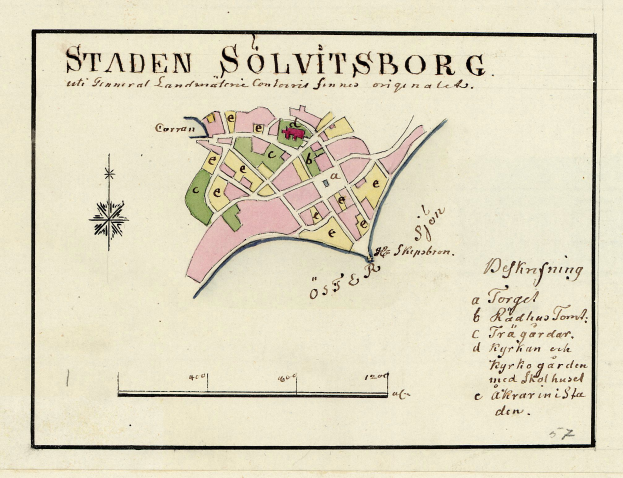 Detailierte Karte von Staden Solvitsborg, Schweden, mit Straßen, Gebäuden und Sehenswürdigkeiten.