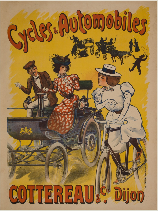 Plakat wirbt für Fahrräder und Automobile in Cottereau und Dijon, Frankreich, mit Menschen, die Fahrräder fahren und einer Kutsche mit dem Text "Fahrräder und Automobile" oben drauf.