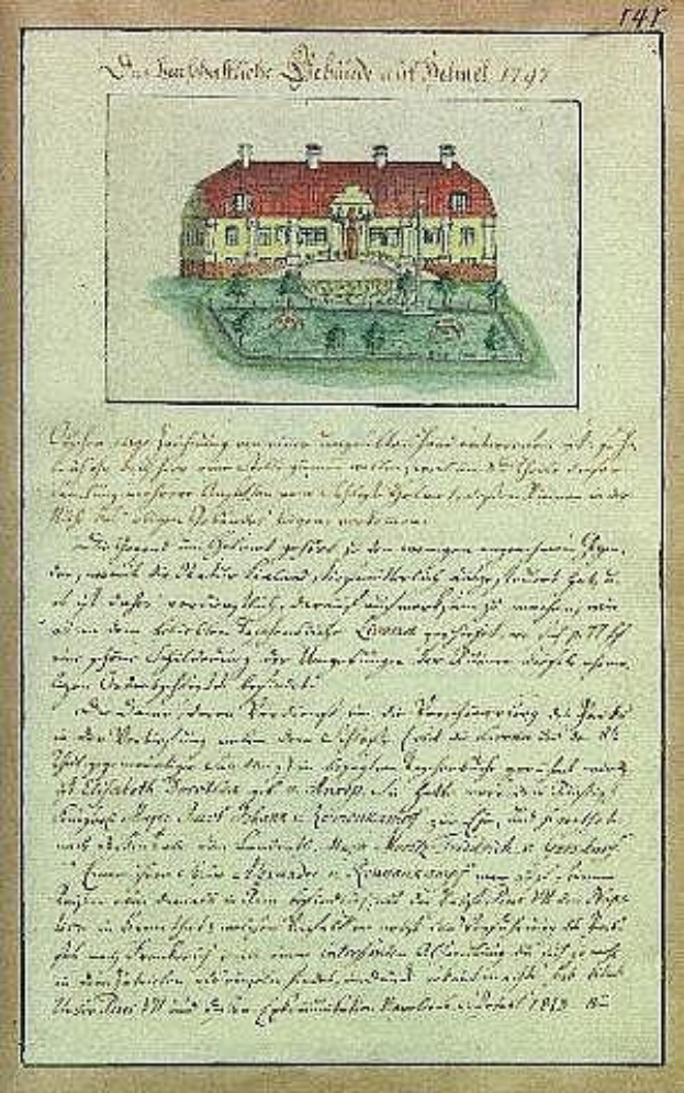Altes Dokument mit einer detaillierten Zeichnung eines weißen Hauses mit einem roten Dach, unterzeichnet von der Schleswig-Holstein-Schule Delmar, datiert 1797.