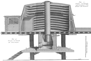 Eine Schwarz-Weiß-Zeichnung eines Gebäudes mit einem Schornstein, der wie ein Lüfter aussieht.