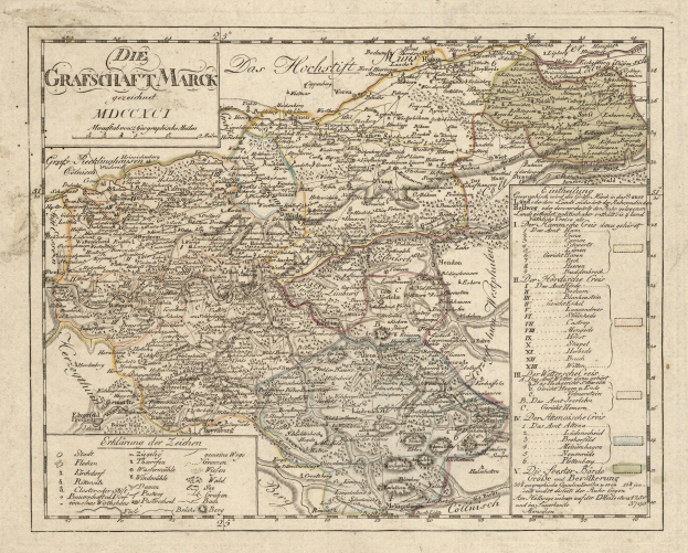 Ein detaillierter alter Stadtplan von München, Deutschland, mit Straßen, Parks, Flüssen und Sehenswürdigkeiten, umgeben von einem dekorativen Rand in Blau-, Grün- und Gelbtönen.