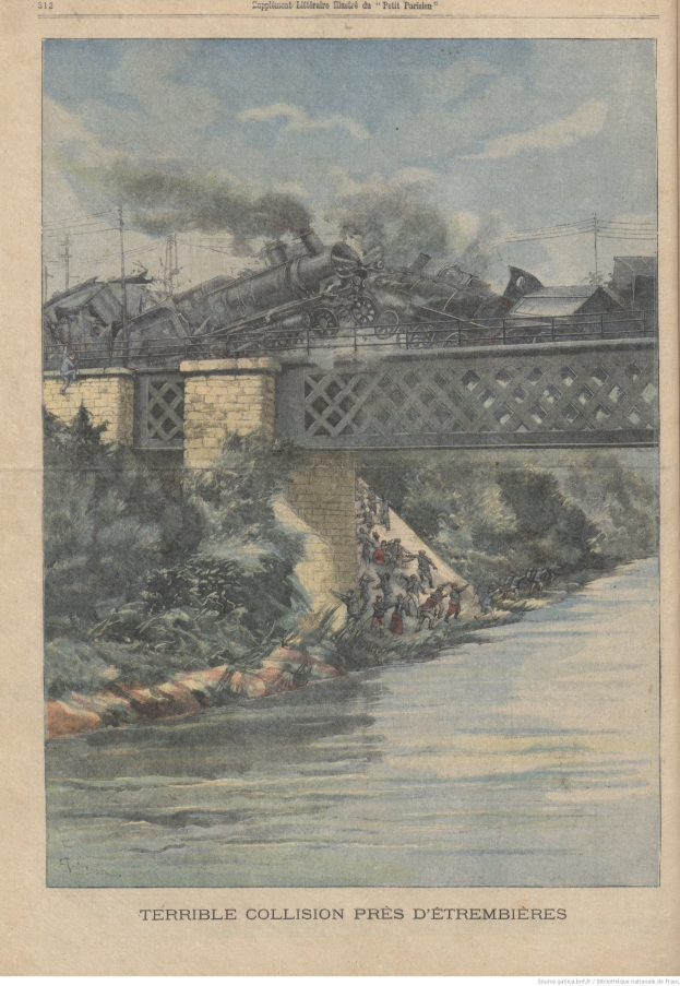 Ein altes Buchillustration mit einem Zug, der über eine Brücke fährt und einen Fluss überquert, mit Menschen auf der Brücke, Bäumen im Hintergrund und Wolken am Himmel, begleitet von Text unten.