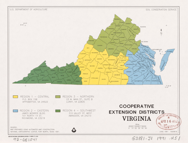 Eine Karte von Virginia mit verschiedenen Farben, die die Genossenschaftsabteilungen darstellen, beschriftet mit "Cooperative Extension Districts Virginia".