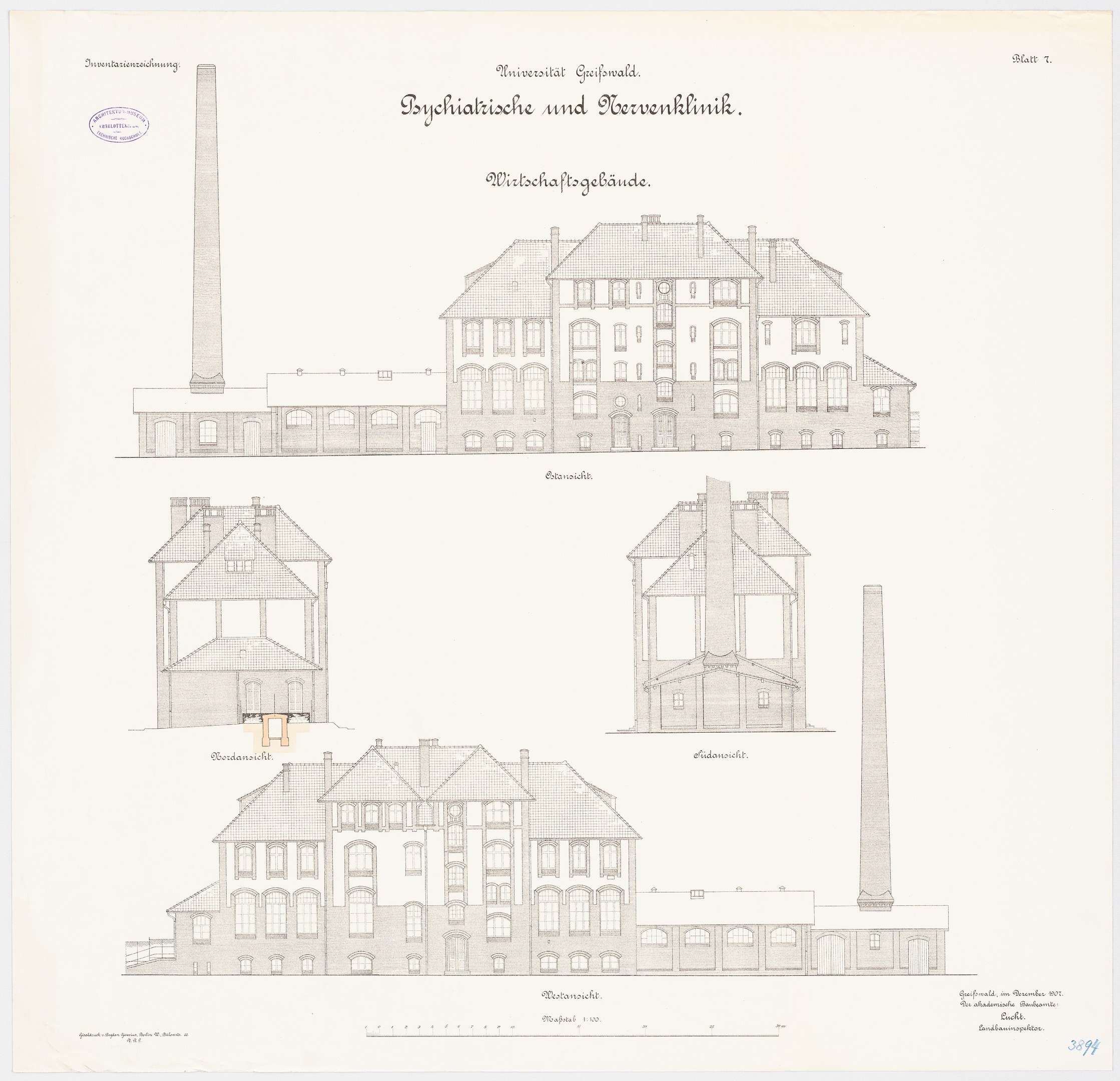 Eine Zeichnung eines mehrstöckigen Gebäudes mit zahlreichen Fenstern und einem Schornstein, das als Psychiatrieklinik in Deutschland identifiziert wurde, begleitet von handgeschriebenem Text auf demselben Papier.