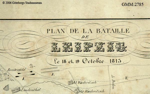 Ein detailliertes altes Schlachtfeld von Leipzig-Karte, die verschiedene Schlachten zeigt und mit Text über das Datum, die Uhrzeit und den Ort annotiert ist.