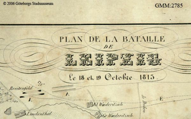 Ein detailliertes altes Schlachtfeld von Leipzig-Karte, die verschiedene Schlachten zeigt und mit Text über das Datum, die Uhrzeit und den Ort annotiert ist.