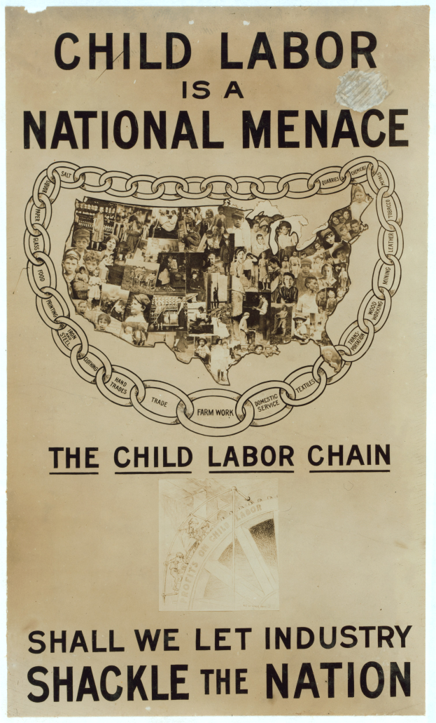 Ein Plakat mit fetter schwarzer Schrift auf einem weißen Hintergrund trägt die Aufschrift "Kindarbeit ist eine nationale Gefahr - Sollen wir die Industrie das Land fesseln lassen", mit einer Gruppe von Menschen verschiedenen Alters, Geschlechts und ethnischer Herkunft, die gemeinsam stehen.