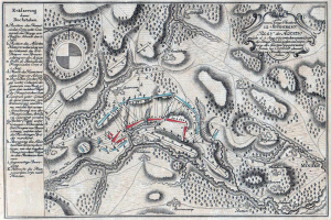 Eine detaillierte Karte der Schlacht von Buchstaben, die verschiedene Schlachtorte, umliegende Gebiete und Texte mit Namen und Datumsangaben zeigt.