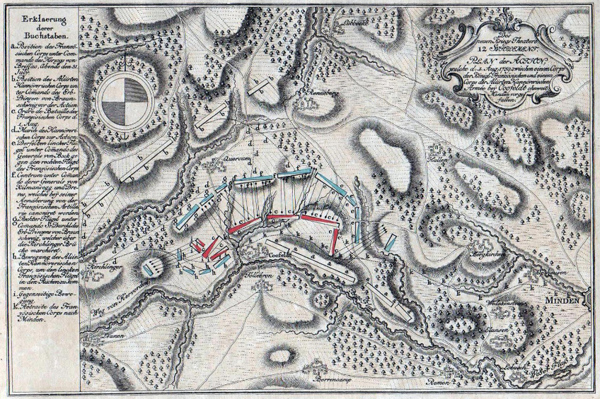 Eine detaillierte Karte der Schlacht von Buchstaben, die verschiedene Schlachtorte, umliegende Gebiete und Texte mit Namen und Datumsangaben zeigt.