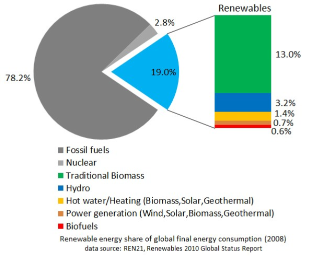 Tortendiagramm, das den globalen Verbrauch von erneuerbaren Energien im Jahr 2008 zeigt, aufgeschlüsselt nach Quellen wie fossile Brennstoffe, Kernenergie, Wasserkraft, Heißwasser, Heizung, Biomasse, Solarenergie, Geothermie und Biokraftstoffe.