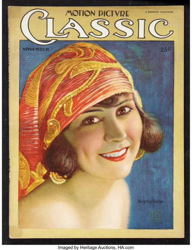 Frau in rotem Turban, die auf dem Cover von 'Motion Picture Classic' lächelt