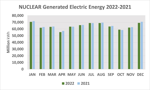 Liniengraph, der die nuklear erzeugte elektrische Energie von 2021 bis 2022 zeigt, mit begleitendem erklärendem Text.